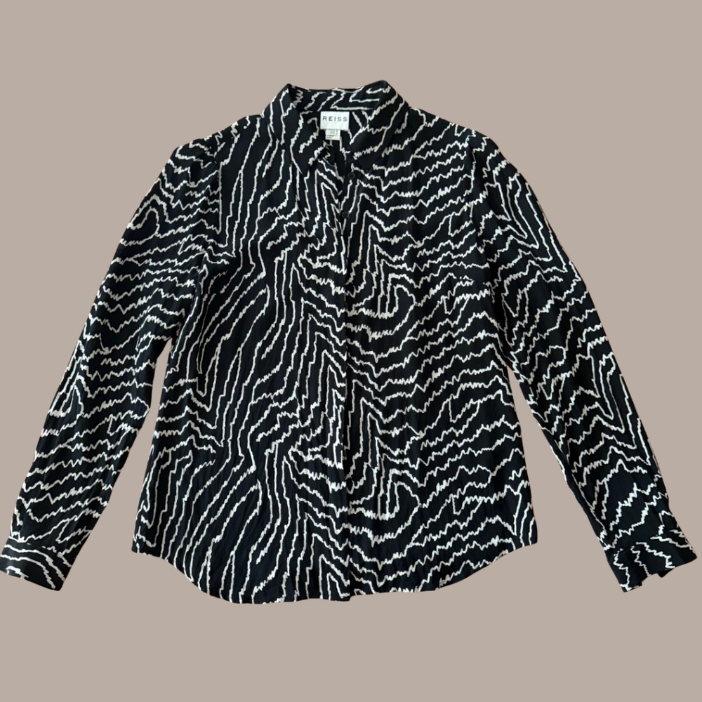 REISS 100% Silk Back & White Abstract Print Blouse 6(M)
